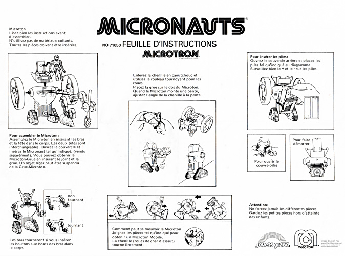 Microtron Micronauts Instruction Sheet Mego Canadian release by Grand Toys in French Microtron Micronauts Instruction Sheet Mego Canadian release by Grand Toys in French